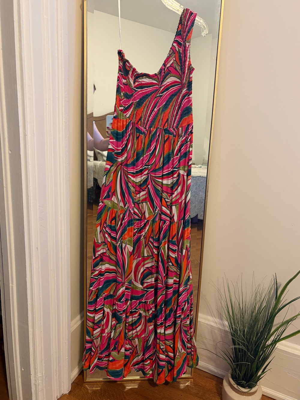 One-Shoulder Multi-Color Abstract Print Maxi Dress